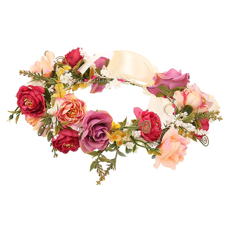 Vivivalue Rose Flower Crown Adjustable Flower Headband Hair Wreath Floral Headpiece Halo Boho with Ribbon Party Wedding - Image 1